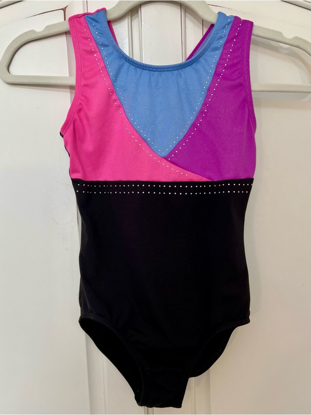 Girls Colorblock Gymnastics Leotard in Pink, Purple, Blue & Black - M (8-10)